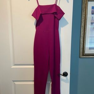 Purple, off the shoulder jumpsuit.  Size small.